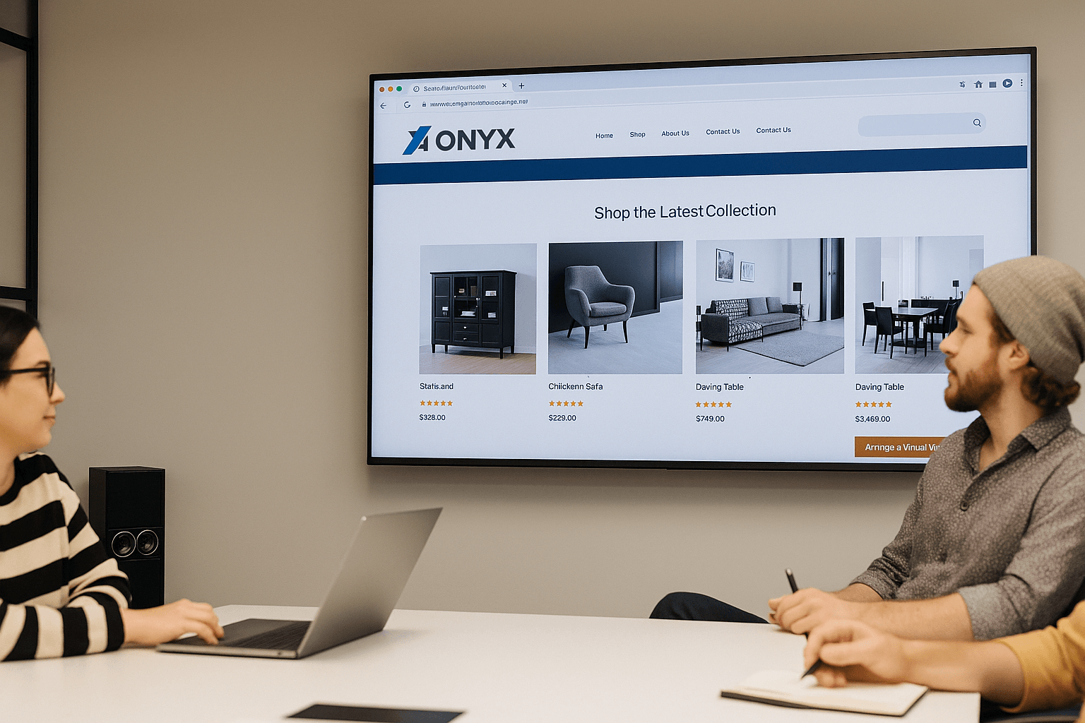 Team analyzing eCommerce product listings on screen during website strategy meeting