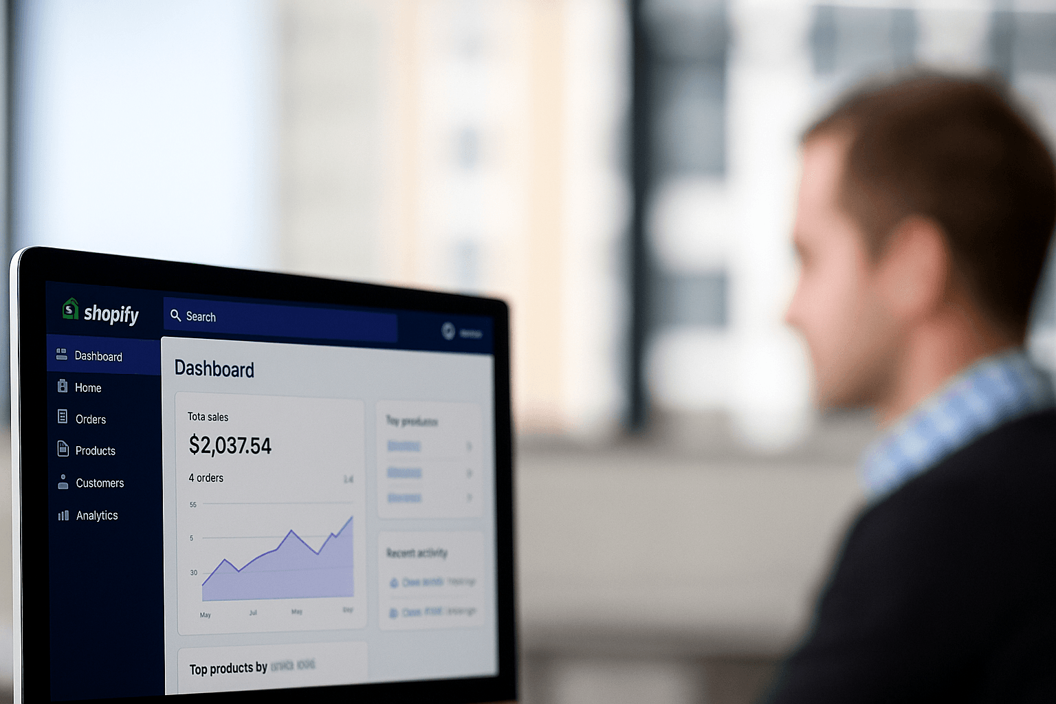 Computer screen displaying a Shopify dashboard with sales data, with a blurred man in the background